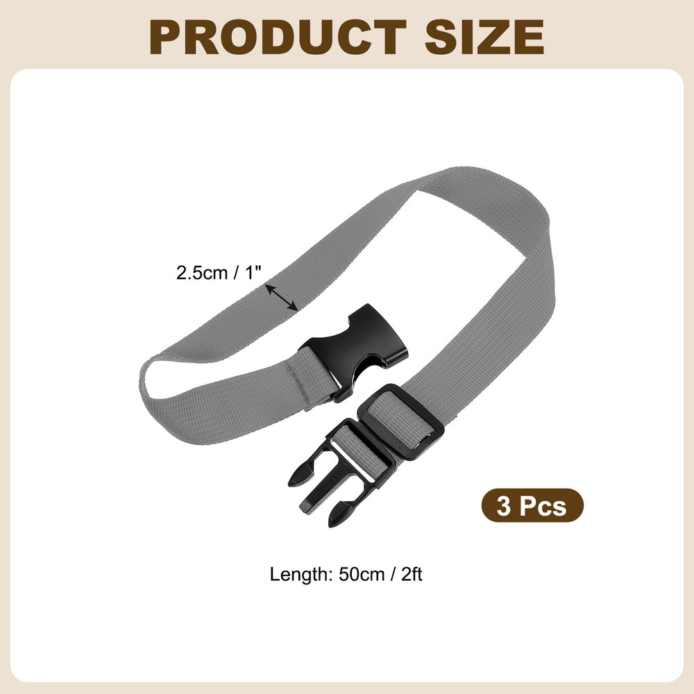 3pcs 1" x 2ft Utility Straps with Quick Release Buckle Adjustable, Gray