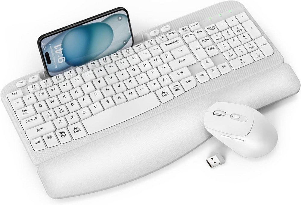 Wireless Keyboard and Mouse Combo, Wave Keys Full-Sized Ergonomic Keyboard with