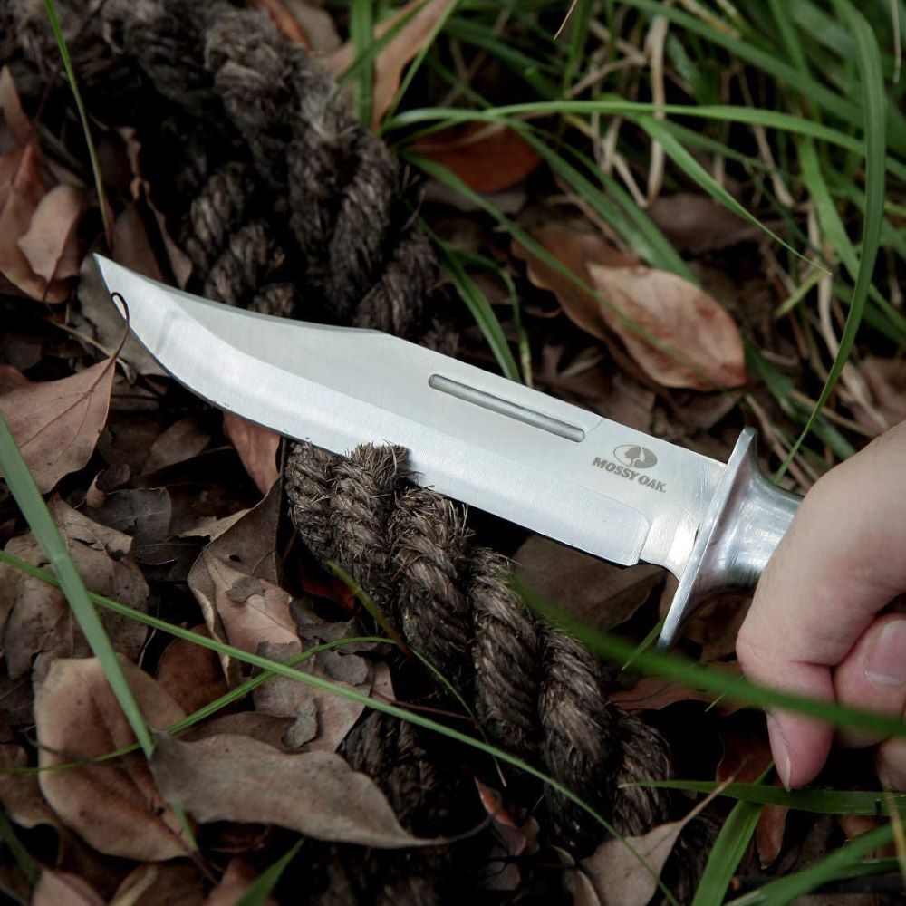 MOSSY OAK 2 PIECE Full Tang Fixed Blade Bowie Knife with Leather Handle Sheath