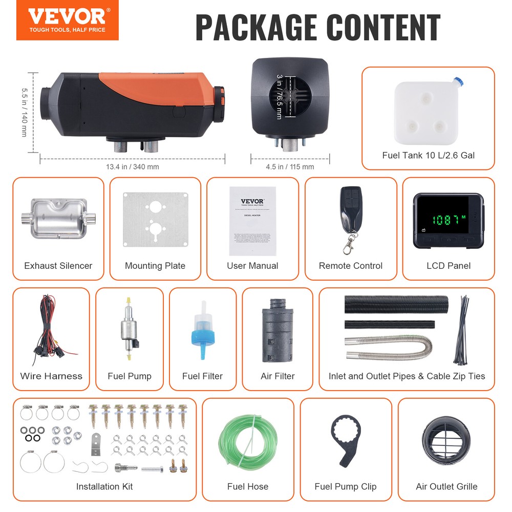 VEVOR Diesel Air Heater 12V 2KW LCD Remote Control for Car Bus RV Camper Indoors