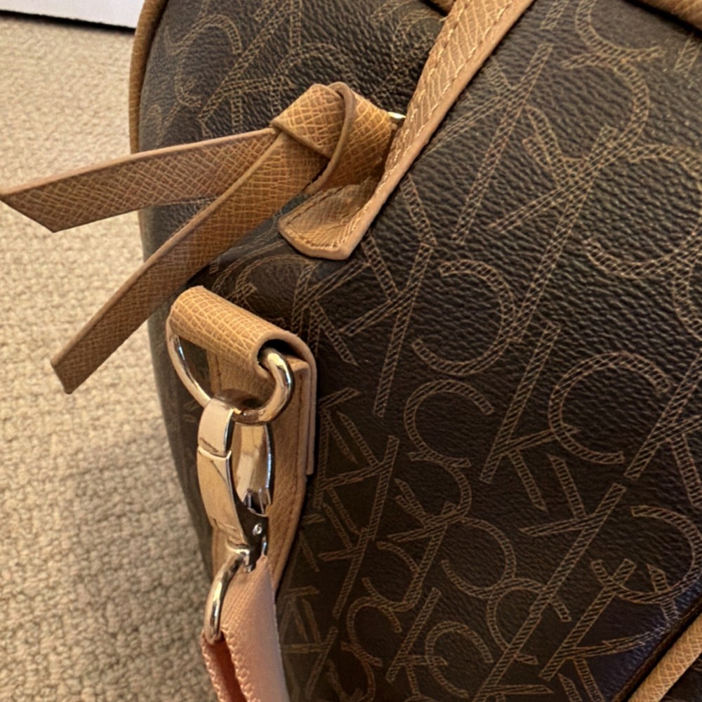 Calvin Klein Logo Print Brown Polyester Duffle Bag Adjustable Straps