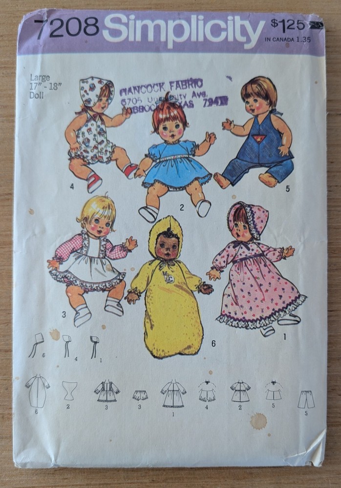 Simplicity 7208 Vintage Doll Wardrobe Pattern Size S-L Uncut