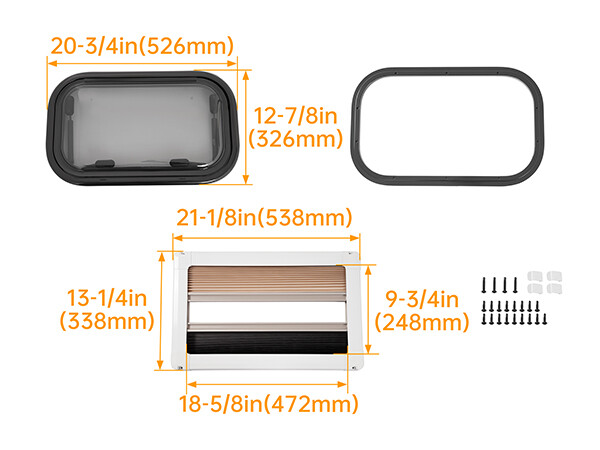 RV Window 20"X12" Aluminum RV Exit Window Glass Push Out Window W/ Blind Screen