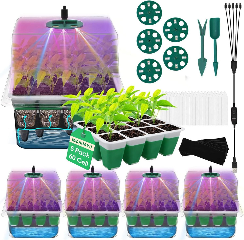 60-Cell Self-Watering Seed Starter Kit with Grow Light - 5-Pack