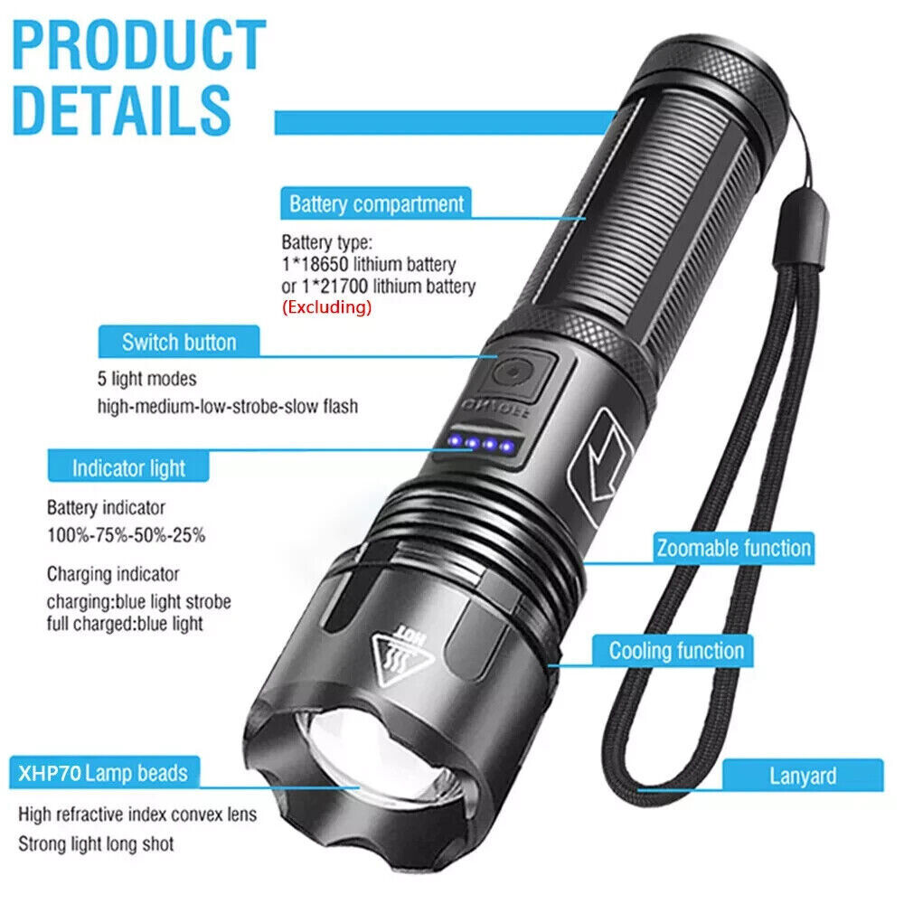9000000 Lumens Super Bright LED Flashlight Tactical Rechargeable LED Work Lights