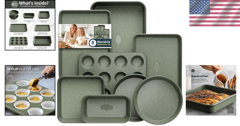 Elite 8-Piece Bakeware Set: Stackable, Nonstick Ceramic, Green Carbon Steel