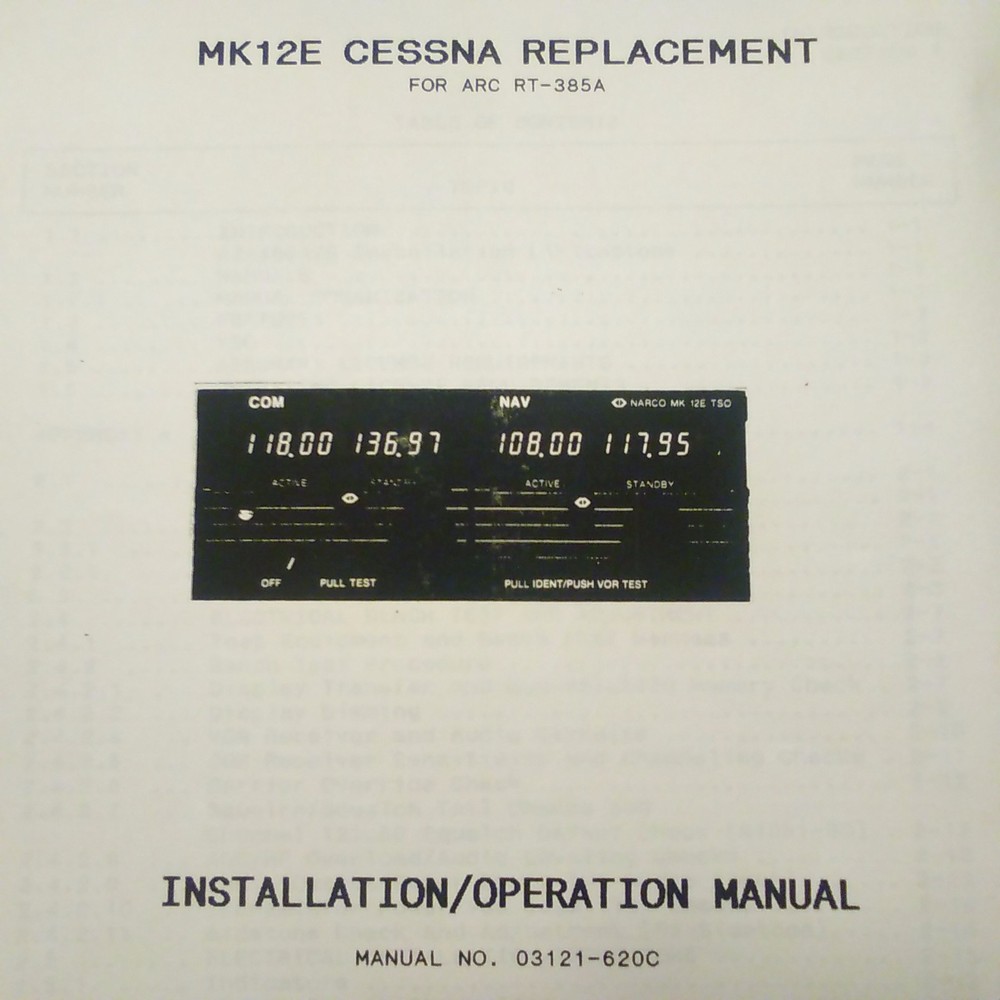 Narco Mk12E Cessna RT-385A Replacement Install Manual.