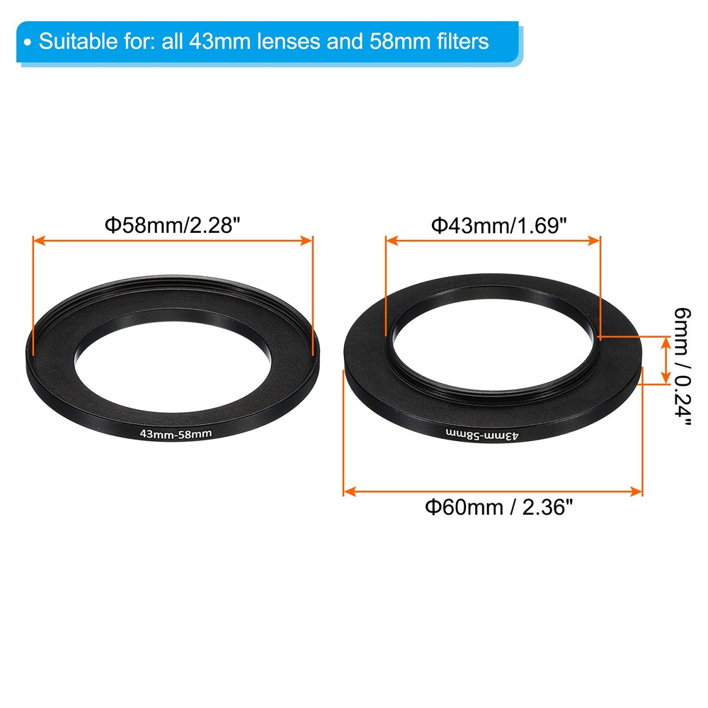 2Pcs 43mm-58mm Metal Step Up Ring Camera Lens Filter Adapter Ring Black