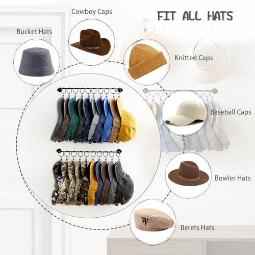 Hat Rack for Baseball Cap Hat Storage with 20 Hooks - Modern 2-Pack Black