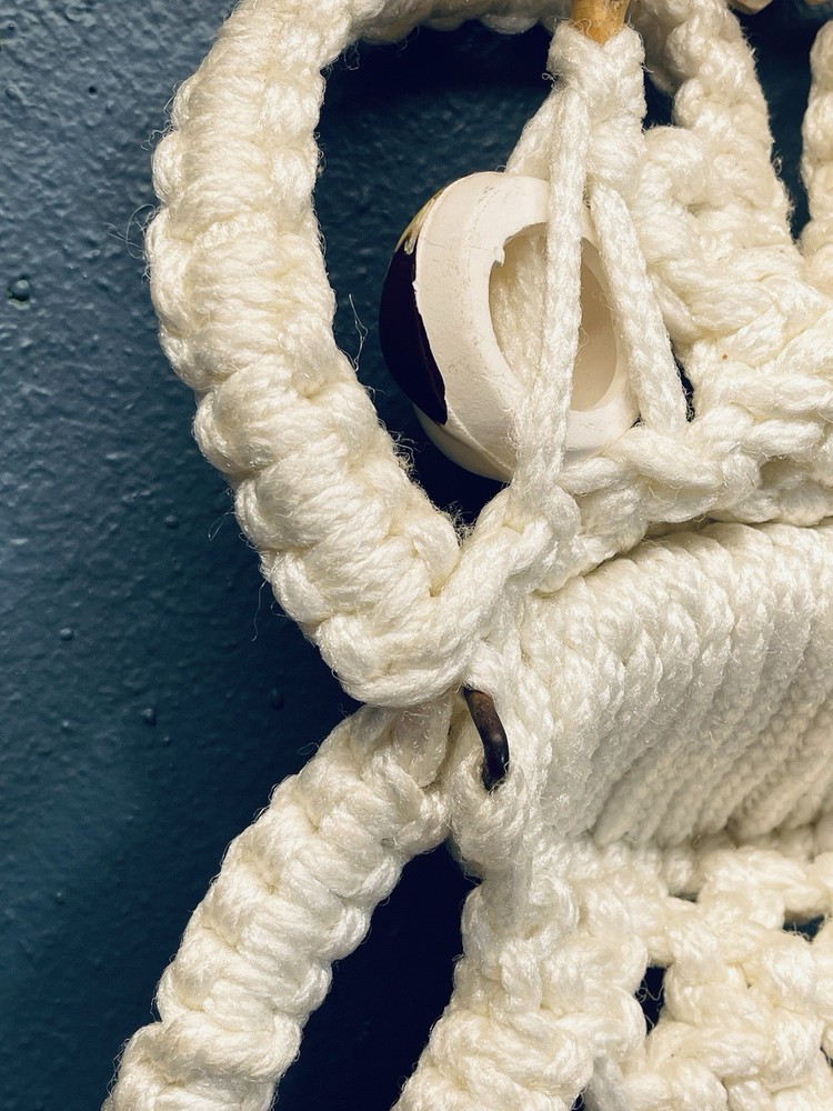 Frog Macrame Hanging Towel Holder White Ceramic Eyes Bamboo Handle Ring Toad 20”