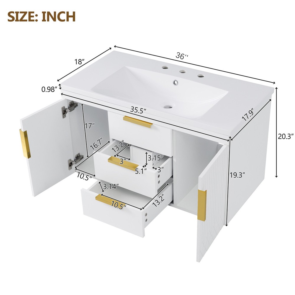 36'' Wall Mounted Bathroom Vanity, Floating Bathroom Storage Cabinet with 2 Dr