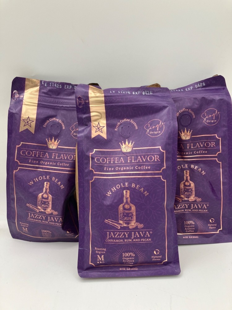 3 Pack 16 oz ea Jazzy Java Cinnamon, Rum, & Pecan Coffe Medium Roast 04/2026