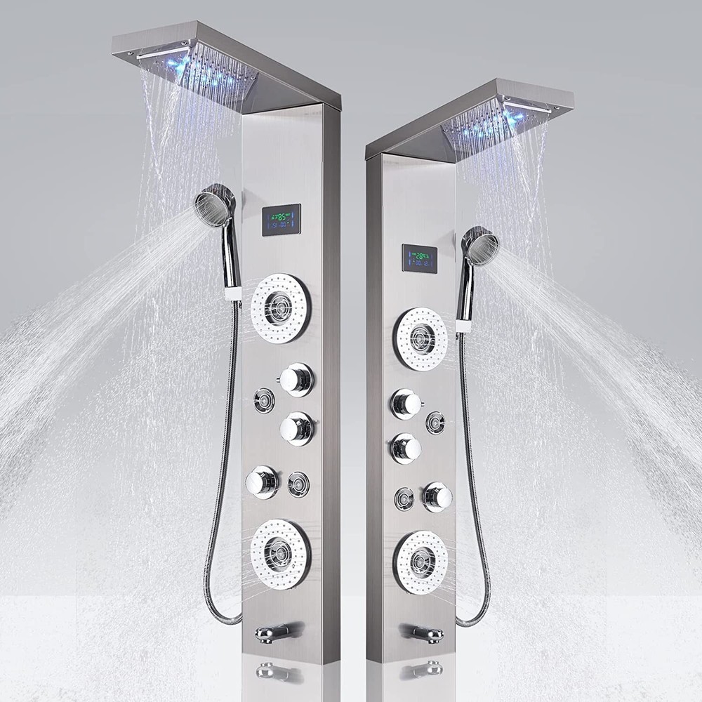 Brushed Nickel Shower Panel Tower System LED Rain&Waterfall Shower Head Tub Tap