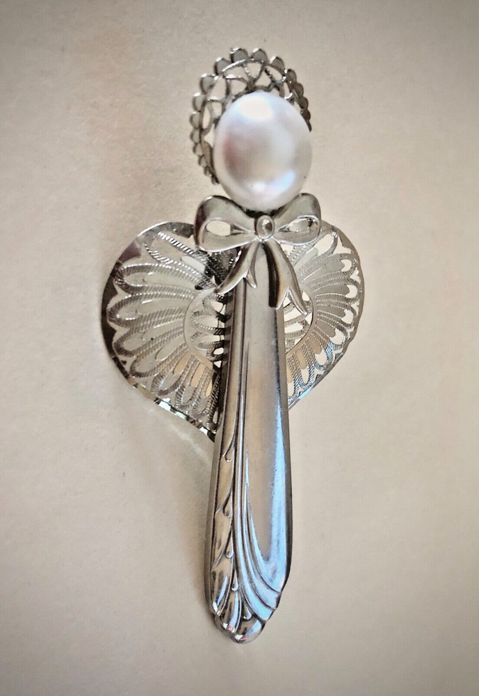 Spoon Angel Brooch Pearl Face Patterned Wings Signed Stainless Silver Tone Vtg