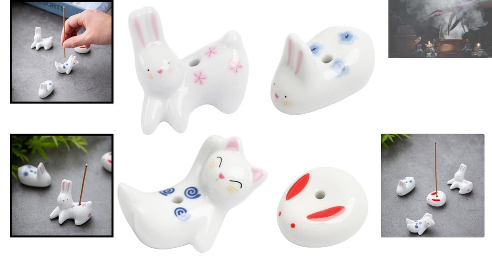 Cute White Rabbit & Cat Ceramic Incense Holders - 4Pc Set for Tranquil Spaces