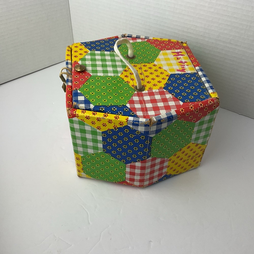 Patchwork Print Sewing Box with Tray Vintage 70s Hexagon Shape Storage