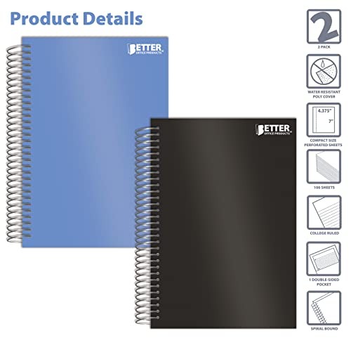 1 Subject Spiral Notebook, 2 Pack, Personal Small Notebooks, Poly Covers, 7 x