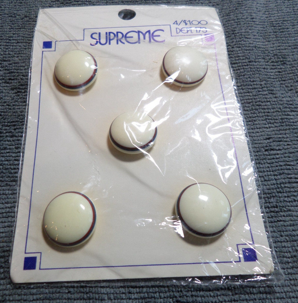 5 Supreme Plastic Buttons IVORY w/ Red Blue Rings