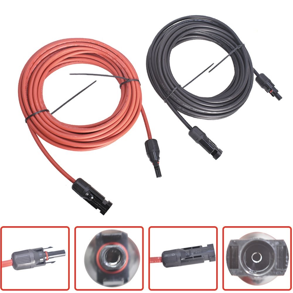 30Feet 1 Pair 10AWG Black + Red Solar Panel Extension Cable Wire Connector