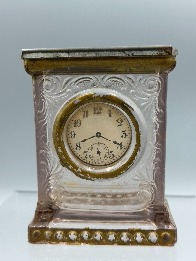 1910s MANTEL CLOCK Glass CANDY CONTAINER Antique A&E 164