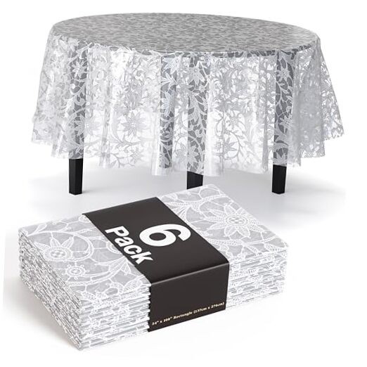 Lace Table Cloth Table Plastic 6-Pack Lace Tablecloth 84" | Clear Round White