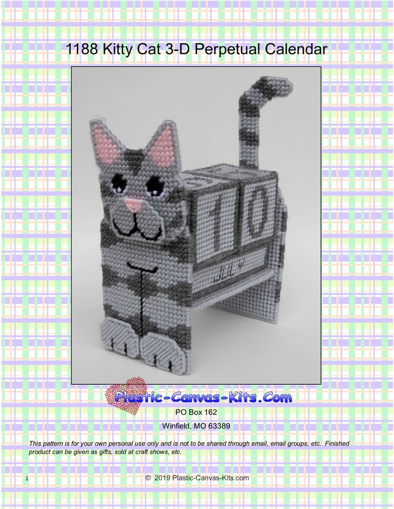 Kitty Cat 3-D Perpetual Calendar  Plastic Canvas Pattern or Kit