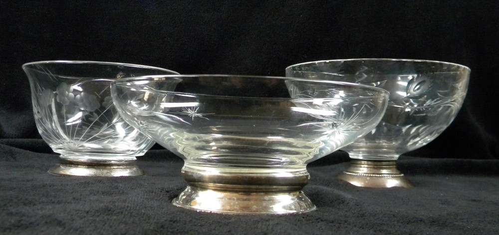 etched glass candy nut dishes with sterling bases