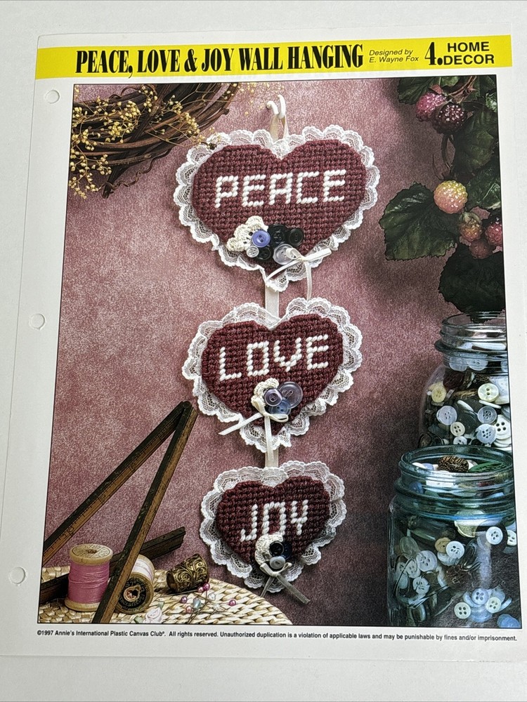 Peace Love & Joy Wall Hanging Annie's Attic Plastic Canvas Pattern Page