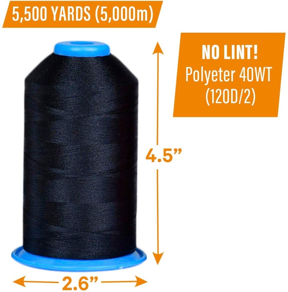 Huge Machine Embroidery Thread Black 3 Pack - Large Polyester Cones 5500 Yards