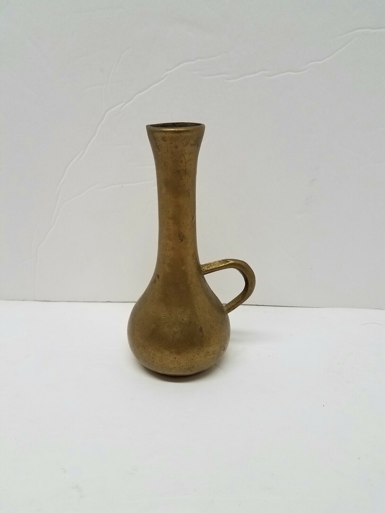 Vintage Solid Brass 5 3/4" Vase Handled Flower pitcher Nice Patina