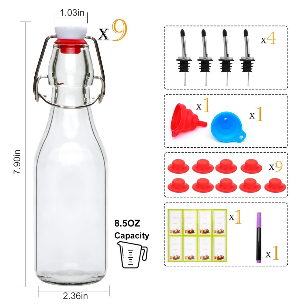 8.5 Oz Shake Top Glass Bottles Beer Brewing Bottles With Stoppers For Secondary