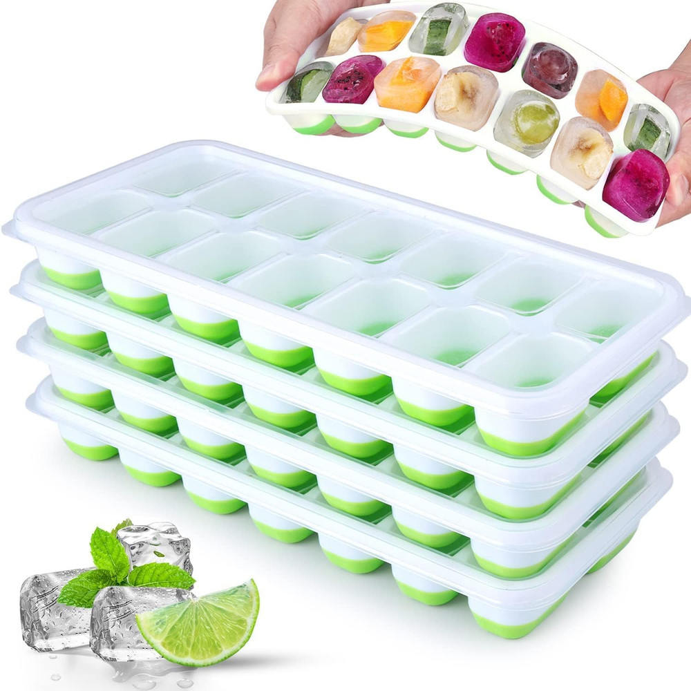 Silicone Ice Cube Tray, 4 Pack Easy-Release & Flexible 14-Ice Cube Trays with S