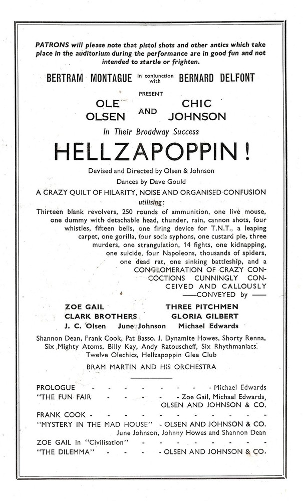 Olsen & Johnson "HELLZAPOPPIN" Gloria Gilbert / June Johnson 1948 London Program