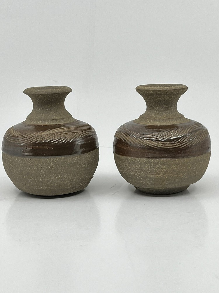 2 Small Vases SIGNED HANDMADE MCM Studio POTTERY ART Slightly Different BoHo 4"