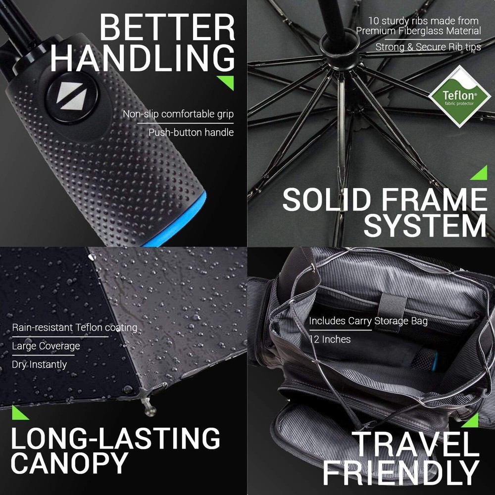 Travel Umbrella Automatic Open/Close, Repel Rain Resistant Canopy Teflon Coating