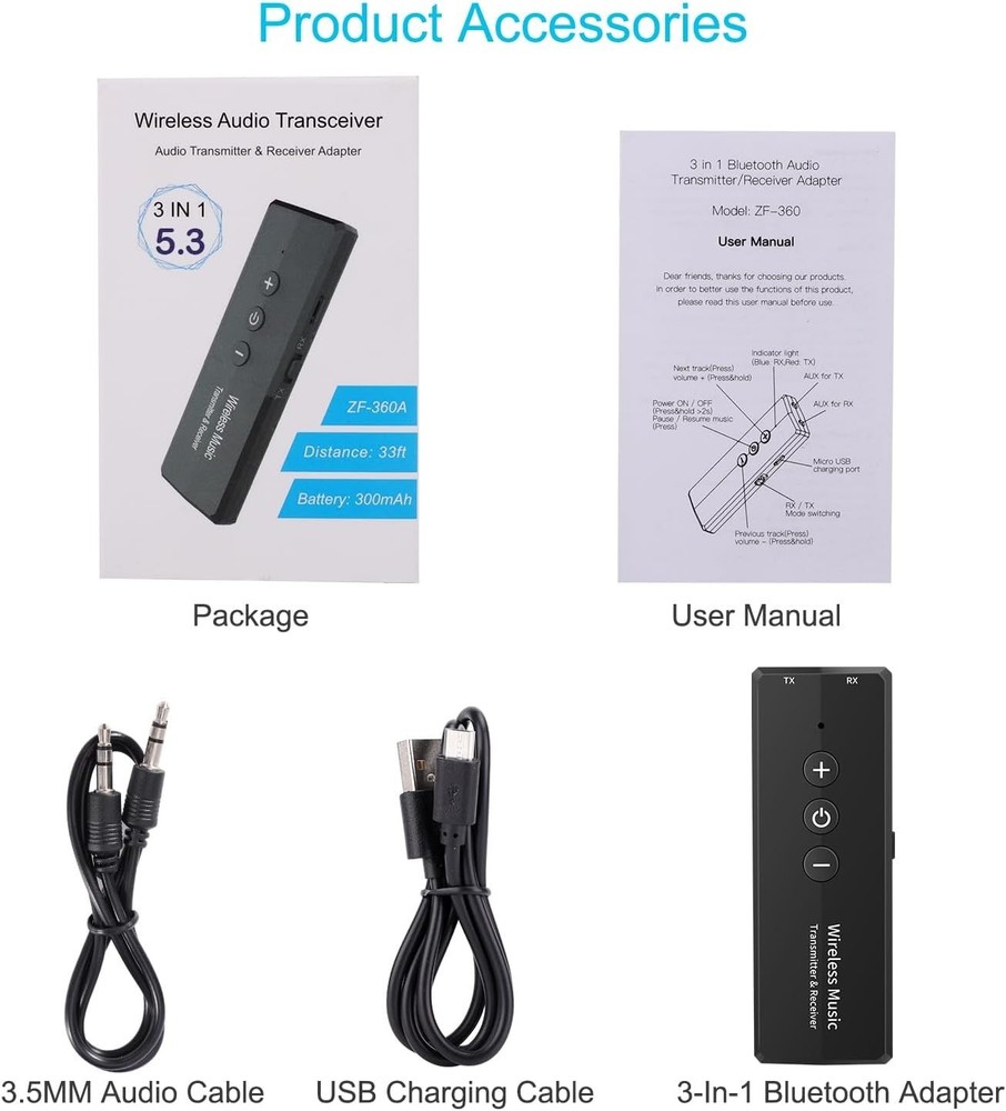 Compact Bluetooth 5.3 Wireless Adapter - 3-in-1 Solution for All Audio Devices