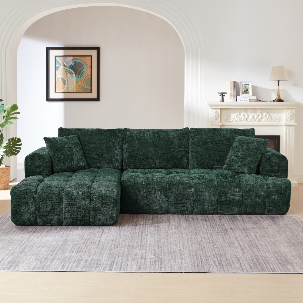 Chenille L-Shape Sectional Sofa Sleeper w/ No Assembly, Dark Green