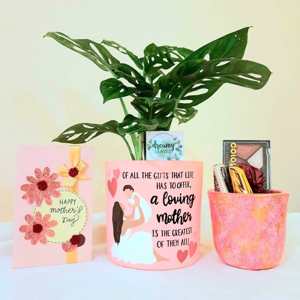 Gift Pack for Mom – Hand-Painted Pot, Makeup Holder & Card