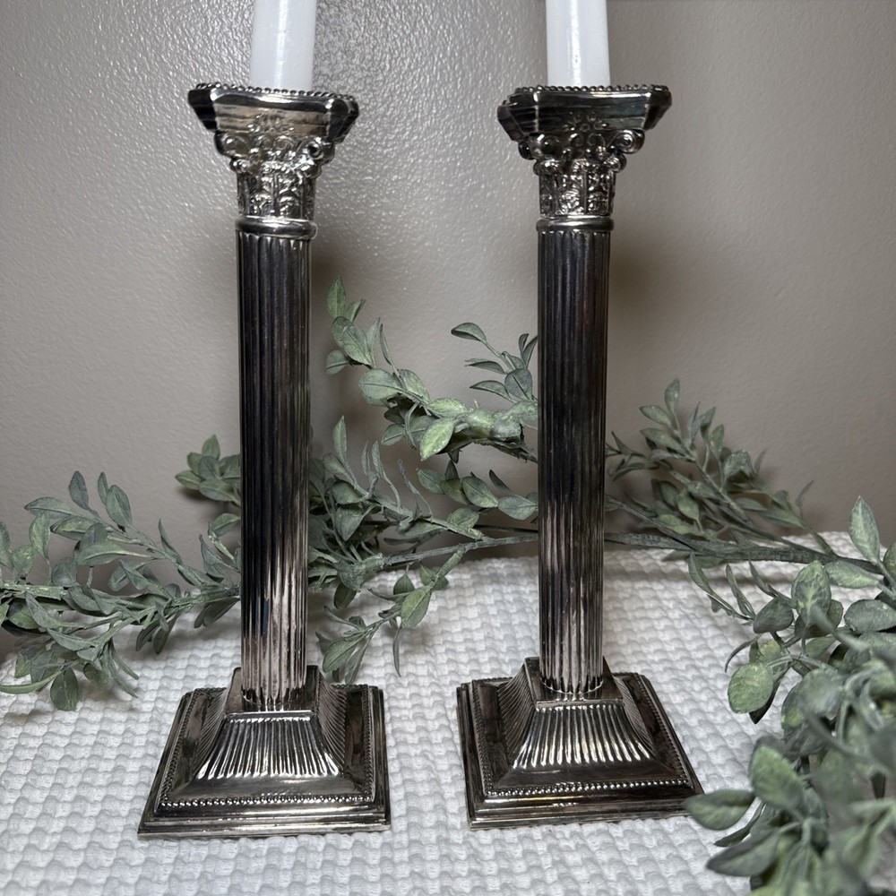 Pair 10” Vintage E.B. Rogers Silverplate Corinthian Column Candlesticks Heavy