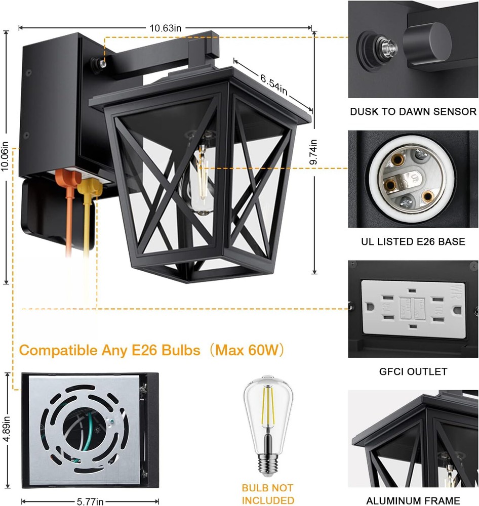 Porch Light with Socket, Waterproof Rustproof Aluminum with GFCI Socket (Black)