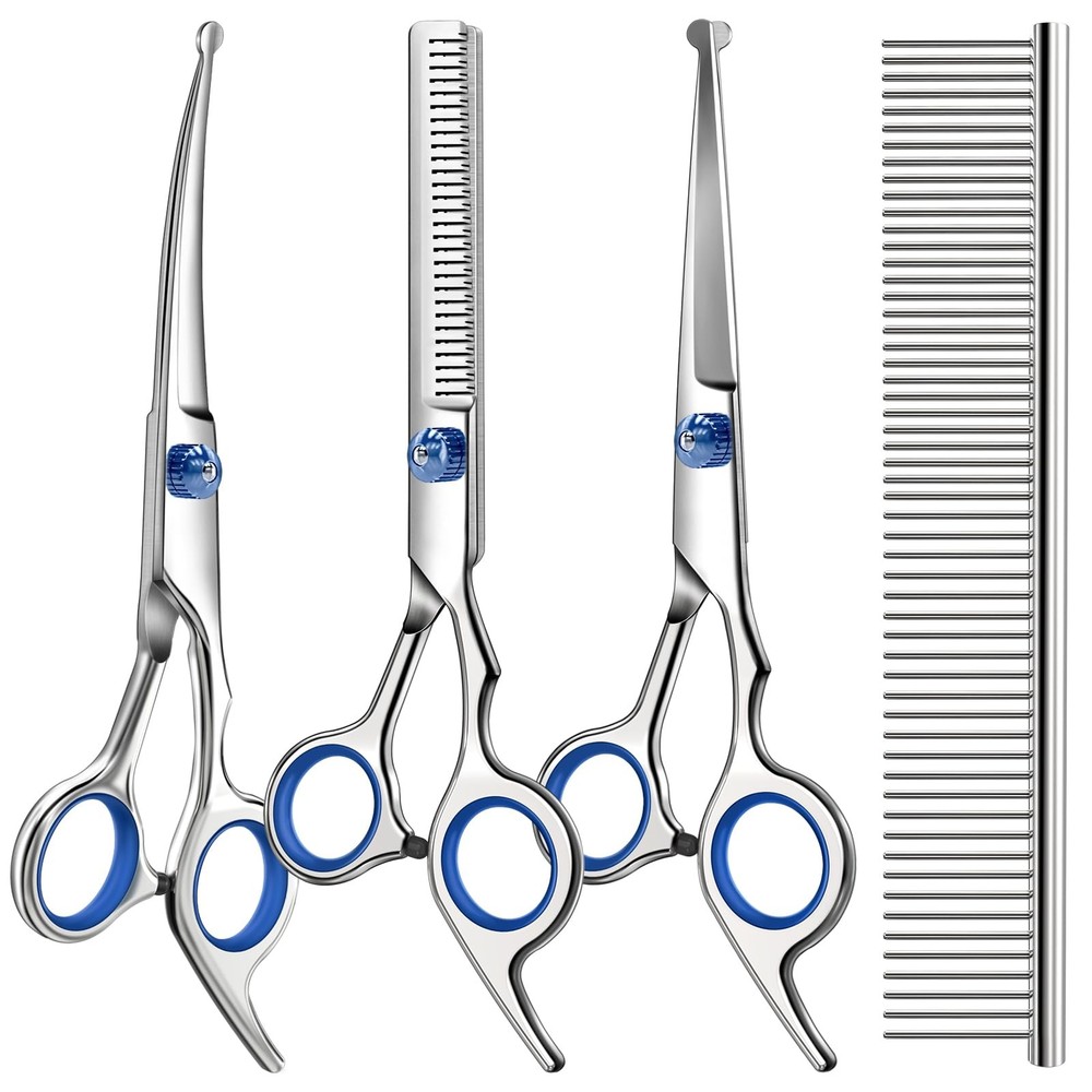 Professional 4 in 1 Dog & Cat Grooming Scissors Kit with Safety Round Tips,Sharp
