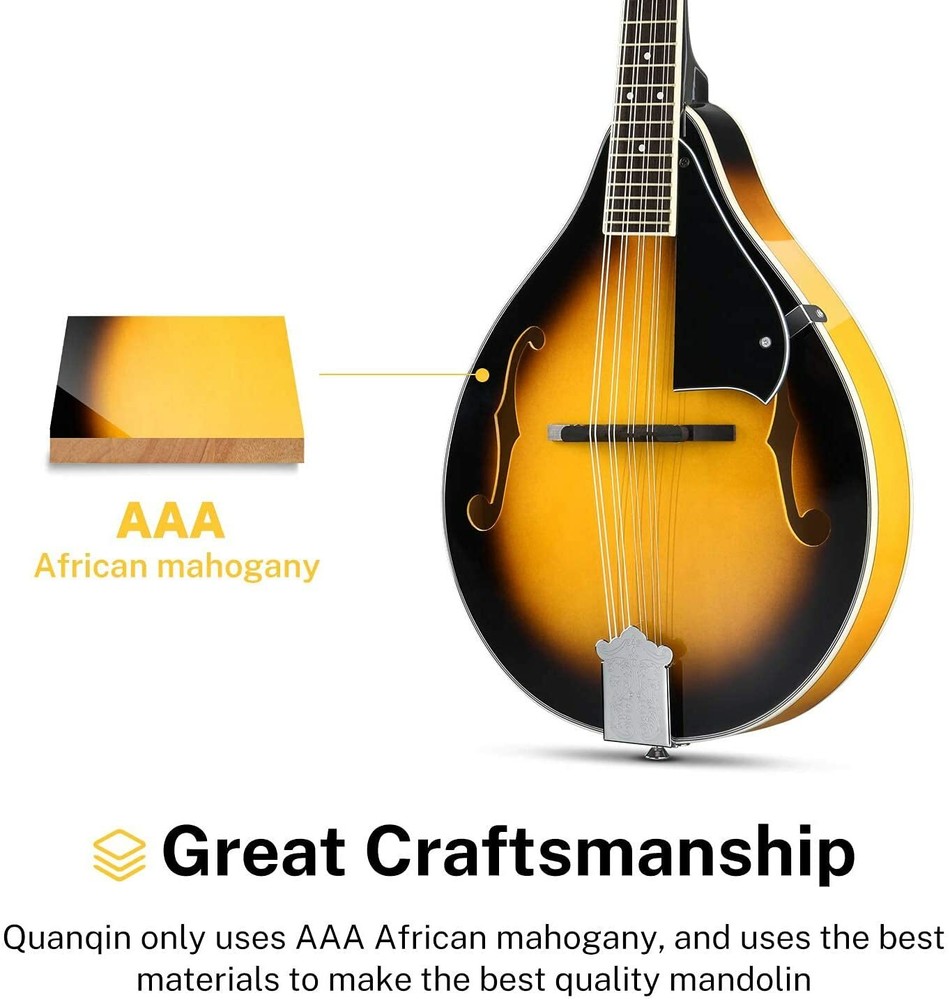 Mandolin Sunburst, 8 String Acoustic Mandolin w/Tuner, Strings, Bag,Picks