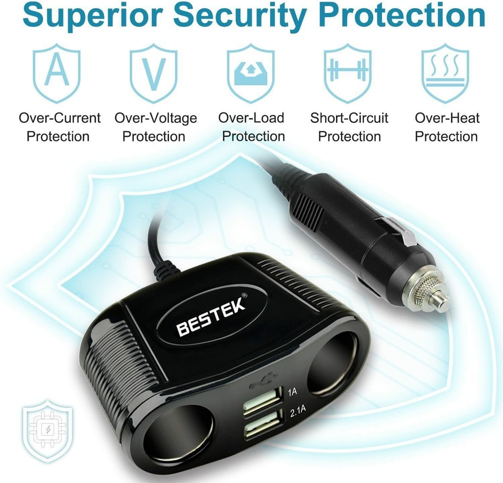 BESTEK 150W 2-Socket Cigarette Lighter Splitter Power Adapter with 2 USB Outlets