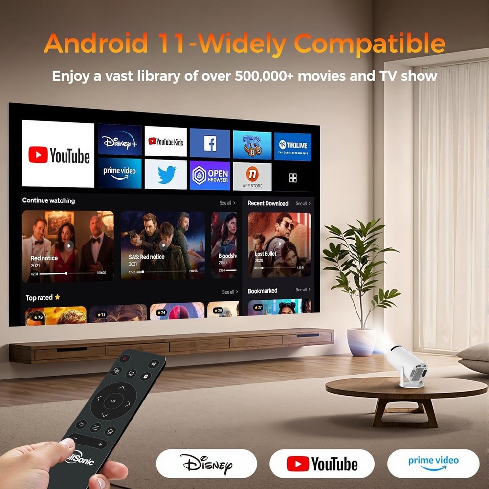 Mini Projector 4K Support Portable WiFi6 Bluetooth Auto Keystone 200 ANSI