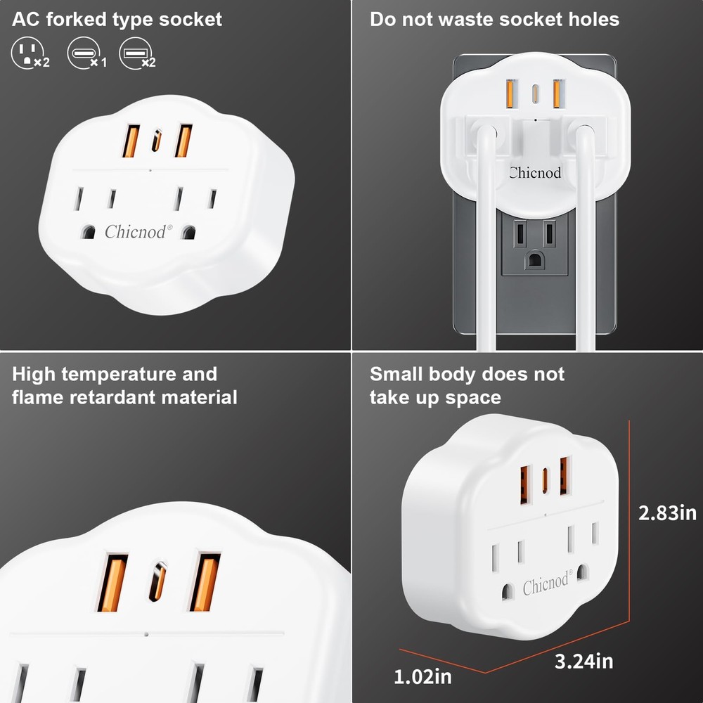 5 in 1 Wall Outlet Extender with USB & Type-C, Surge Protector, 2 AC Outlets,...