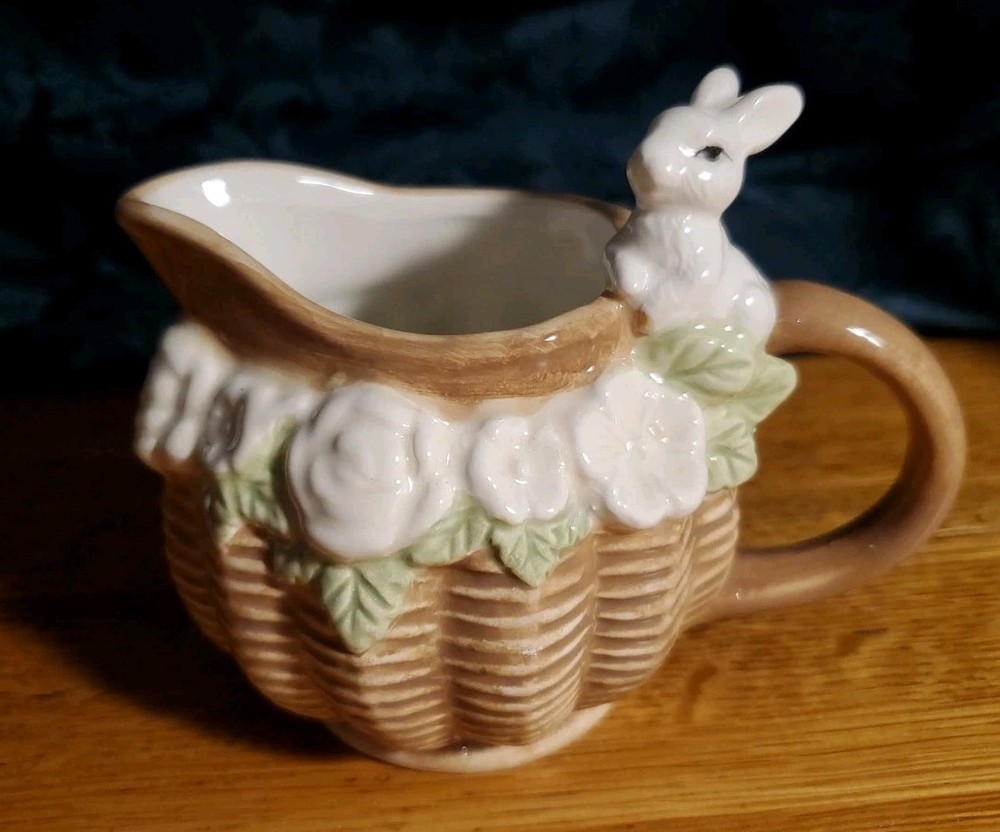 Corner Ruby Spring Easter Collection, Bunny Rabbit 🐇 Basket Ceramic Creamer 4"H