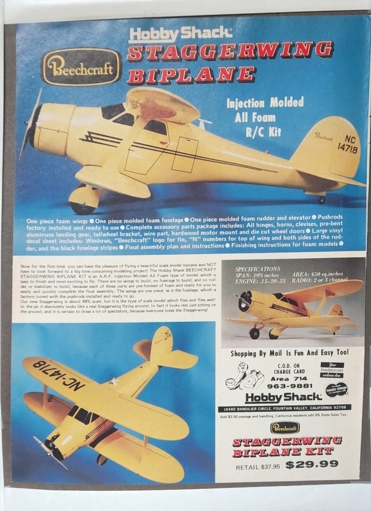 Beechcraft Staggerwing Biplane RC Kit Vintage Print Ad