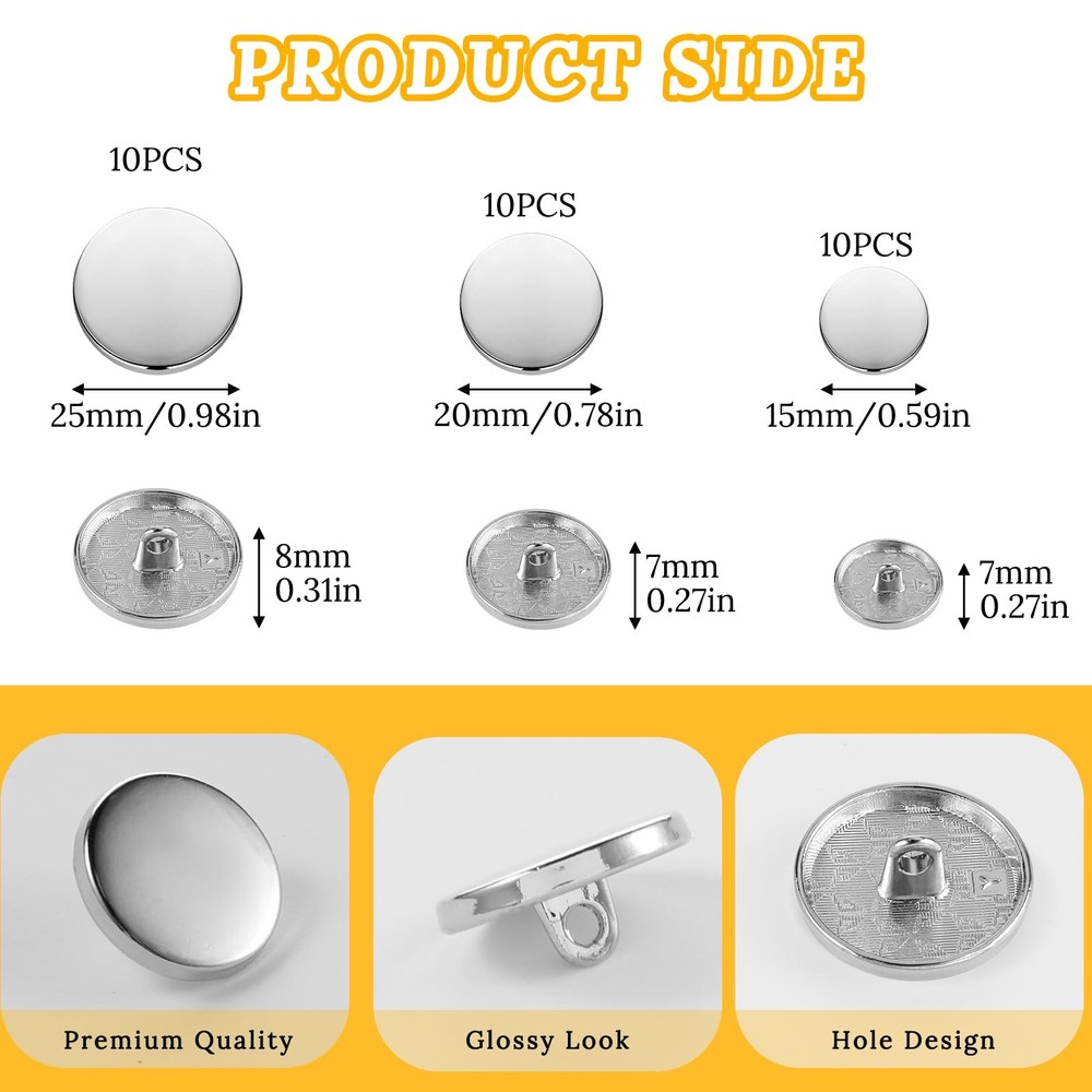 Metal Buttons, 30 Pcs Silver Round Flat Buttons for Clothes small,