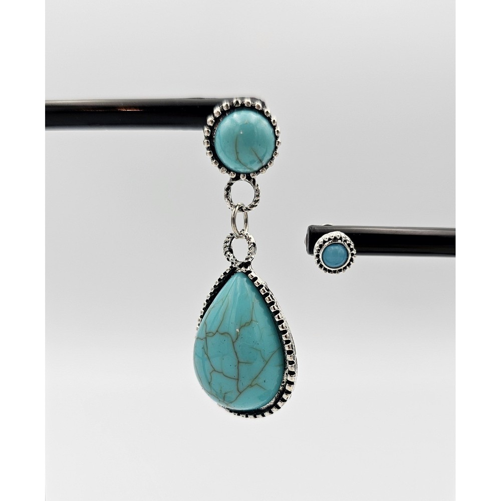 SILVER TONE TURQUOISE TEARDROP DANGLE & STUD EARRING SET Boho Western Pair