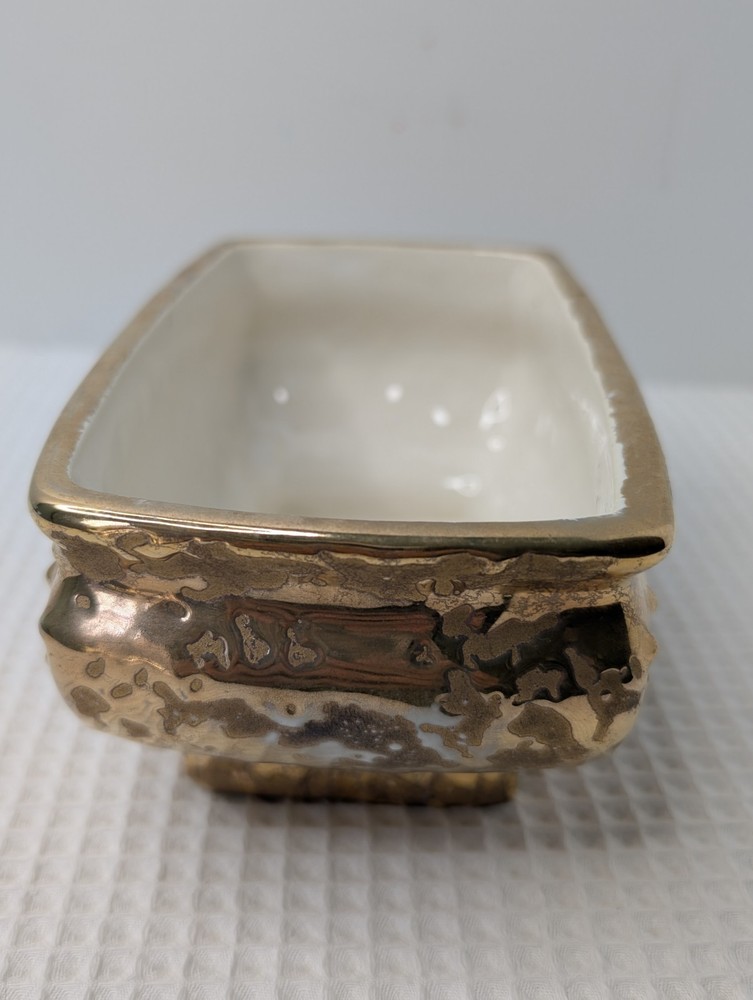 MCM Weeping Gold Style Planter Pottery Ceramic Textured Gilded Glaze Footed Base